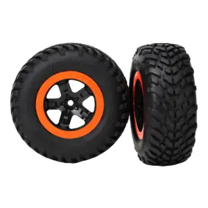 Traxxas Tires wheels assembled glued (SCT black orange beadlock wheels dual profile (2.2 outer 3.0 inner) SCT off-road racing tire foam inserts) (2) (4WD f/r 2WD rear) (TSM rated)