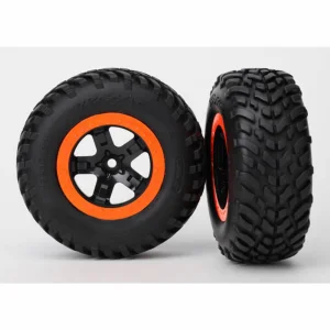 Traxxas Tires wheels assembled glued (SCT black orange beadlock wheels dual profile (2.2 outer 3.0 inner) SCT off-road racing tire foam inserts) (2) (4WD f/r 2WD rear) (TSM rated)