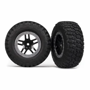 Traxxas Tires wheels assembled glued (SCT Split-Spoke black satin chrome beadlock wheels BFGoodrich Mud-Terrain T/A KM2 tire foam inserts) (2) (4WD f/r 2WD rear)