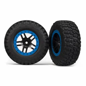 Traxxas Tire wheel assy glued (SCT Split-Spoke black blue beadlock wheels BFGoodrich Mud-Terrain T/A KM2 tire inserts) (2) (4WD f/r 2WD rear)
