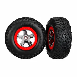 Traxxas Tires wheels assembled glued (SCT chrome wheels red beadlock style dual profile (2.2 outer 3.0 inner) SCT off-road racing tires foam inserts) (2) (2WD front)