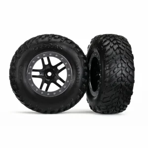 Traxxas Tires wheels assembled glued (S1 compound) (SCT Split-Spoke satin chrome black beadlock style wheels dual profile (2.2 outer 3.0 inner) SCT off-road racing tires foam inserts) (2) (4WD f/r 2WD rear) (TSM rated)