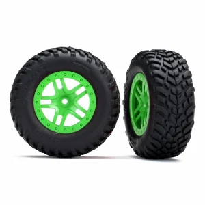 Traxxas Tires wheels assembled glued (SCT Split-Spoke green wheels SCT off-road racing tires foam inserts) (2) (4WD f/r 2WD rear) (TSM rated)