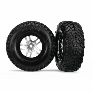 Traxxas Tires wheels assembled glued (SCT Split-Spoke satin chrome black beadlock style wheels dual profile (2.2 outer 3.0 inner) SCT off-road racing tires foam inserts) (2) (4WD f/r 2WD rear) (TSM rated)