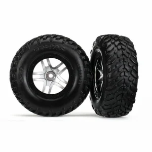 Traxxas Tires wheels assembled glued (S1 compound) (SCT Split-Spoke satin chrome black beadlock style wheels dual profile (2.2 outer 3.0 inner) SCT off-road racing tires foam inserts) (2) (4WD f/r 2WD rear) (TSM rated)