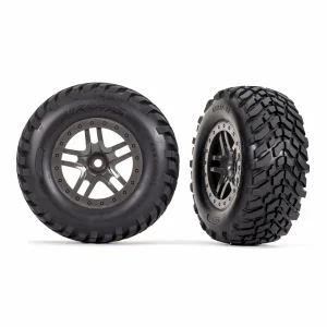Traxxas Tyres + wheels, assembled, glued (SCT Split-Spoke gray beadlock style wheels, SCT off-road racing Tyres, foam inserts) (2) (4WD f/r, 2WD rear) (TSM rated)