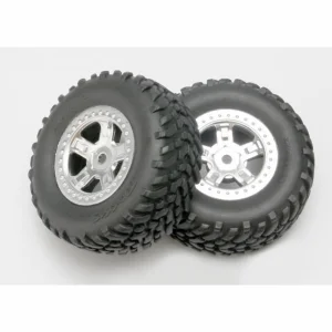 Traxxas Tires and wheels assembled glued (SCT satin chrome wheels SCT off-road racing tires foam inserts) (1 each right left)