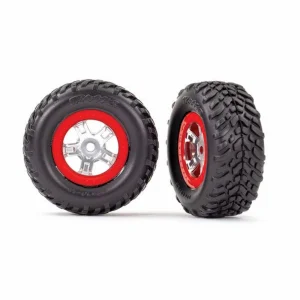 Traxxas Tires and wheels assembled glued (SCT satin chrome wheels red beadlock style SCT off-road racing tires foam inserts) (1 each right left) ** CLEARANCE **