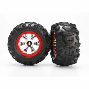 Traxxas Tires and wheels assembled glued (Geode chrome red beadlock style wheels Canyon AT tires foam inserts) (1 left 1 right)