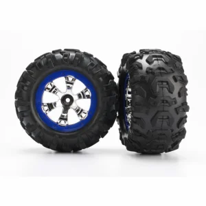 Traxxas Tires and wheels assembled glued (Geode chrome blue beadlock style wheels Canyon AT tires foam inserts) (1 left 1 right)