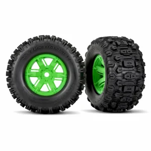 Traxxas X-MAXX Sledgehammer Tyres Pre Glued on Green Wheels (2)