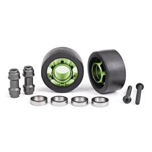 Traxxas Wheels, wheelie bar, 6061-T6 aluminium (green-anodised) (2)/ axle, wheelie bar, 6061-T6 aluminium (2)/ 10x15x4 ball bearings (4)