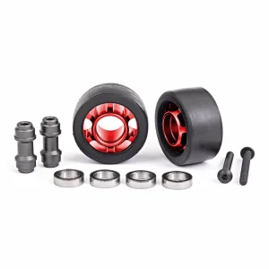 Traxxas Wheels, wheelie bar, 6061-T6 aluminium (red-anodised) (2)/ axle, wheelie bar, 6061-T6 aluminium (2)/ 10x15x4 ball bearings (4)