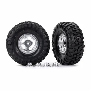 Traxxas Tyres + wheels, assembled, glued (2.2in satin chrome wheels, Canyon Trail 5.3 x 2.2in Tyres) (2)/ center caps (2) (requires 8255A extended thread stub axle)