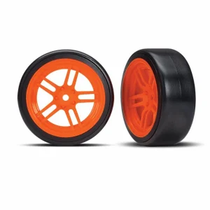 Traxxas Tires and wheels assembled glued (split-spoke orange wheels 1.9 Drift tires) (front)