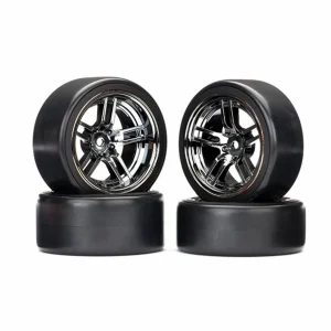 Traxxas Tires and wheels assembled glued (split-spoke black chrome wheels 1.9 Drift tires) (front and rear)