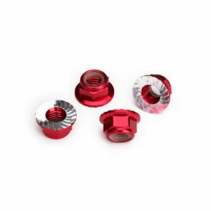 Traxxas M5 Flanged Nylon Locking Nuts - Serrated Red Aluminium (4)