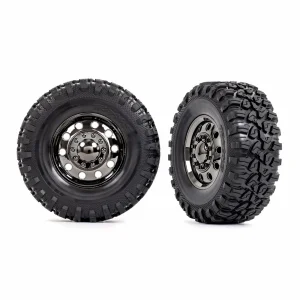 Traxxas Tyres and wheels, assembled, glued (TRX-6 Big Rig 2.2in black chrome wheels, Canyon RT 4.6x2.2in tyres, foam inserts) (front) (2)/ centre caps (black chrome) (2)