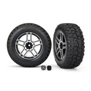 Traxxas Tires and wheels assembled glued (2.6 black satin chrome-plated Mercedes-Benz G 500 4x4 wheels 2.6 tires) (2)/ center caps (2) (requires 8255A extended stub axle)