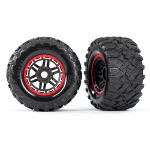 Traxxas Tires wheels assembled glued (black red beadlock style wheels MAXX MT tires foam inserts) (2) (17mm splined) (TSM rated) ** CLEARANCE **