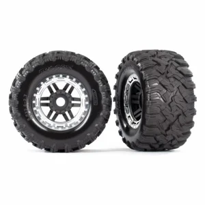 Traxxas Tires wheels assembled glued (black satin chrome beadlock style wheels MAXX MT tires foam inserts) (2) (17mm splined) (TSM rated)