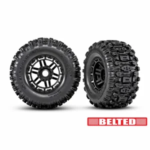 Traxxas Sledgehammer Belted Tyres Glued on Black 3.8 Wheels - 17mm Hex (2)