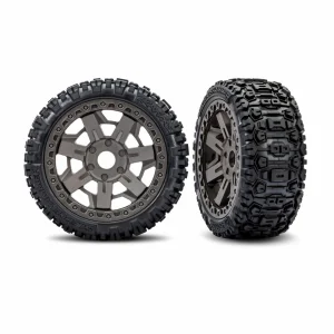 Traxxas Wheels + Tyres, Assembled, Glued (3.0 Grey wheels, Sledgehammer belted tyres, foam inserts) (2)