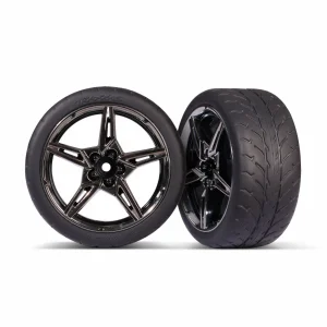 Traxxas Tyres and wheels, assembled, glued (split-spoke black chrome wheels,19 Response Tyres) (extra wide, rear) (2)