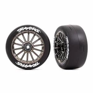 Traxxas Tyres and wheels, assembled, glued (multi-spoke black chrome wheels, 2.0 slick Tyres with Traxxas logo, foam inserts) (front) (2) (VXL rated)
