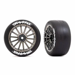 Traxxas Tyres and wheels, assembled, glued (multi-spoke black chrome wheels, 2.0 slick Tyres with Traxxas logo, foam inserts) (rear) (2) (VXL rated)