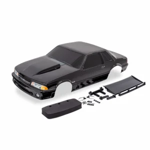 Traxxas Body, Ford Mustang, Fox Body, black (painted, decals applied) (includes side mirrors, wing, wing retainer, rear body mount posts, foam body bumper, + mounting hardware)
