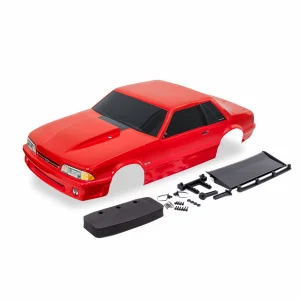 Traxxas Body, Ford Mustang, Fox Body, red (painted, decals applied) (includes side mirrors, wing, wing retainer, rear body mount posts, foam body bumper, + mounting hardware)