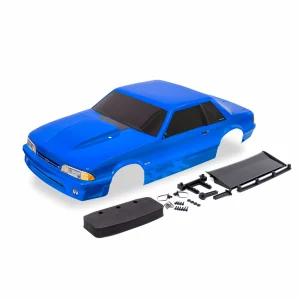 Traxxas Body, Ford Mustang, Fox Body, blue (includes side mirrors, wing, wing retainer, rear body mount posts, foam body bumper, + mounting hardware)