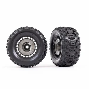 Traxxas Tyres and wheels, assembled, glued (3.8in black wheels, gray wheel covers, Sledgehammer tyres, foam inserts) (2)