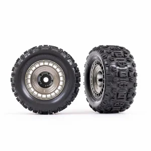 Traxxas Tyres and wheels, assembled, glued (3.8in satin black chrome wheels, satin black chrome wheel covers, Sledgehammer tyres, foam inserts) (2)