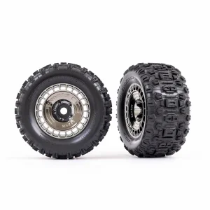 Traxxas Tyres and wheels, assembled, glued (3.8in black chrome wheels, black chrome wheel covers, Sledgehammer tyres, foam inserts) (2)