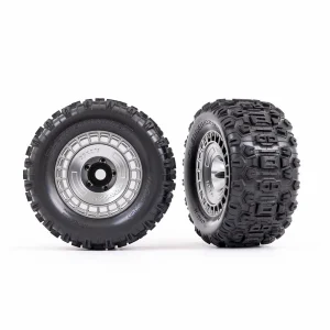 Traxxas Tyres and wheels, assembled, glued (3.8in satin chrome wheels, satin chrome wheel covers, Sledgehammer tyres, foam inserts) (2)