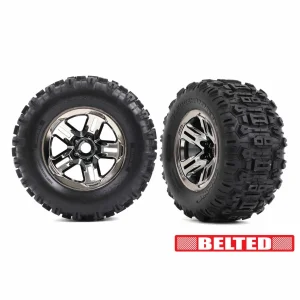 Traxxas Sledgehammer 3.8 Belted Tyres Glued on Black Chrome Wheels (2)