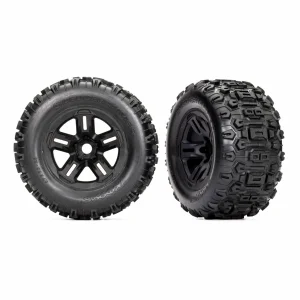 Traxxas Tyres and wheels, assembled, glued (38in black wheels, Sledgehammer Tyres, foam inserts) (2)