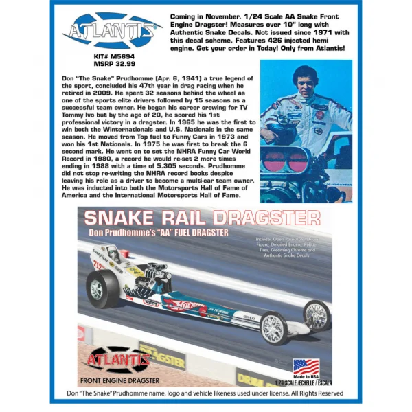 Atlantis Models Don the Snake Prudhomme Front Engine Dragster 1:24