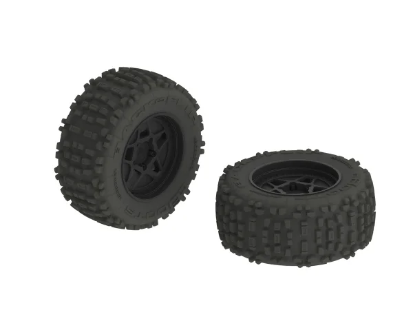 ARAC8795 Arrma DBoots Back Flip MT 6S Tire Set Glued on 17mm Hex Black Wheels - 1 Pair