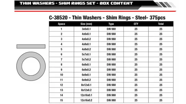 Corally Shim Ring Set Steel 15 Sizes 375Pcs — image 6 of 6