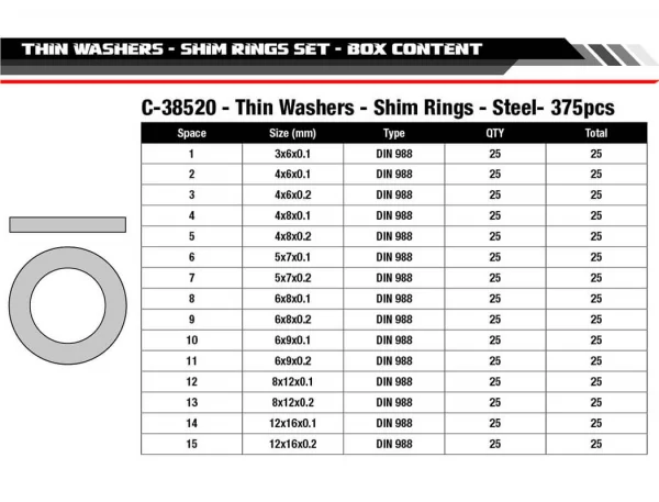 Corally Shim Ring Set Steel 15 Sizes 375Pcs — image 5 of 5