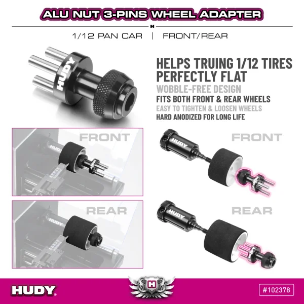 Hudy Aluminium Nut 3-Pins Wheel Adapter - Front/Rear - 1:12 Pan Car &mdash; image 2 of 2