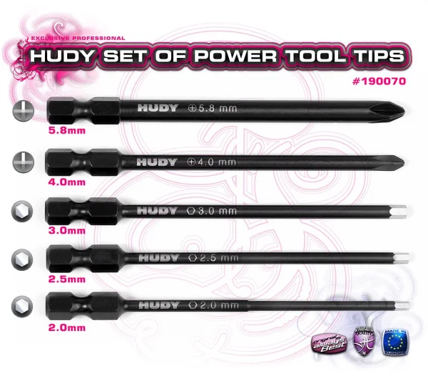 Hudy Power Tool Tip Set - 2.0, 2.5, 3.00mm + 4.0, 5.8 Phillips