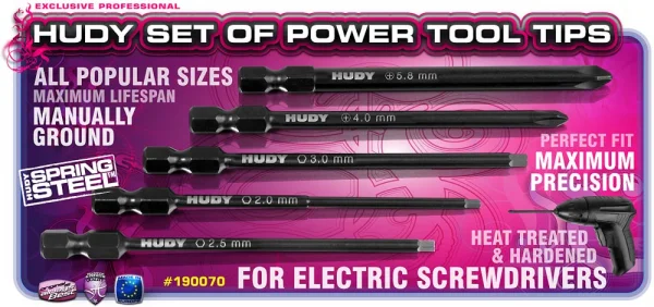 Hudy Power Tool Tip Set - 2.0, 2.5, 3.00mm + 4.0, 5.8 Phillips