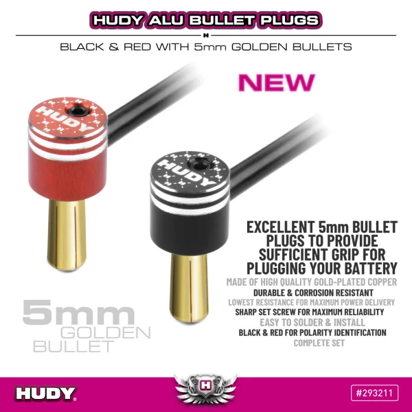Hudy Aluminium Bullet Plug Black And Red With 5mm Golden Bullets - Set &mdash; image 3 of 3