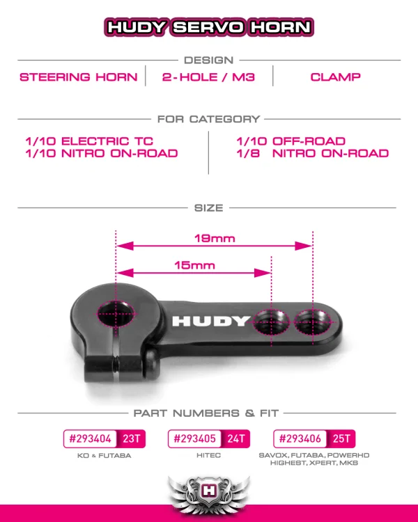 Hudy Aluminium Clamp Servo Horn - Ko Propo, Jr, Sanwa, Airtronics - 2-Hole - 23T &mdash; image 3 of 3
