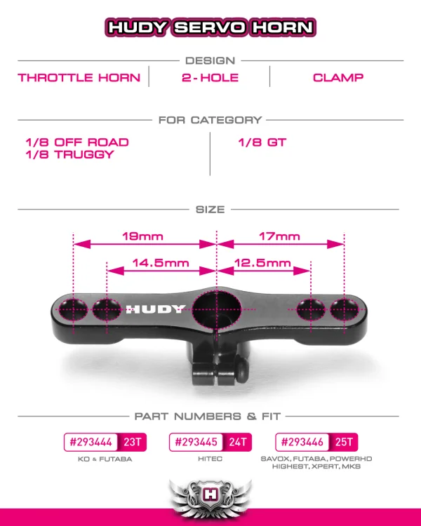 Hudy Aluminium Clamp Throttle Servo Horn - Futaba Savox - 2-Hole - 25T — image 2 of 2