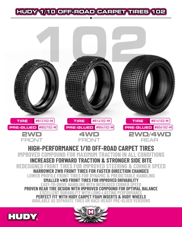 Hudy 1:10 Off-Road Pre-Glued Tire 2WD Front Carpet - 102 - Medium (2) — image 3 of 3